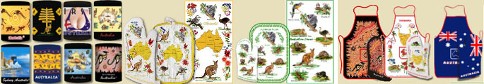 Australian themed party decoration items - tea towels, table cloth, aprons, stubby holders