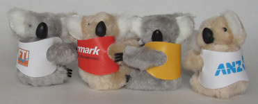 Corporate clip-on koala toys in custom printed jackets