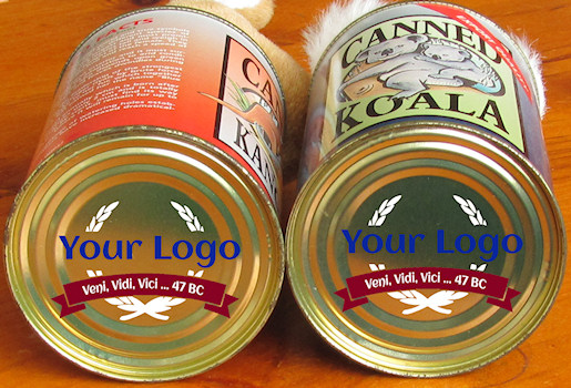 custom printed, promotional canned koala and canned kangaroo